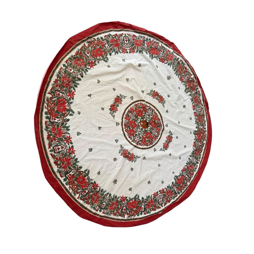 Vintage Christmas Tree Skirt Poinsettia Red Green Large‎ Round Holiday Decor